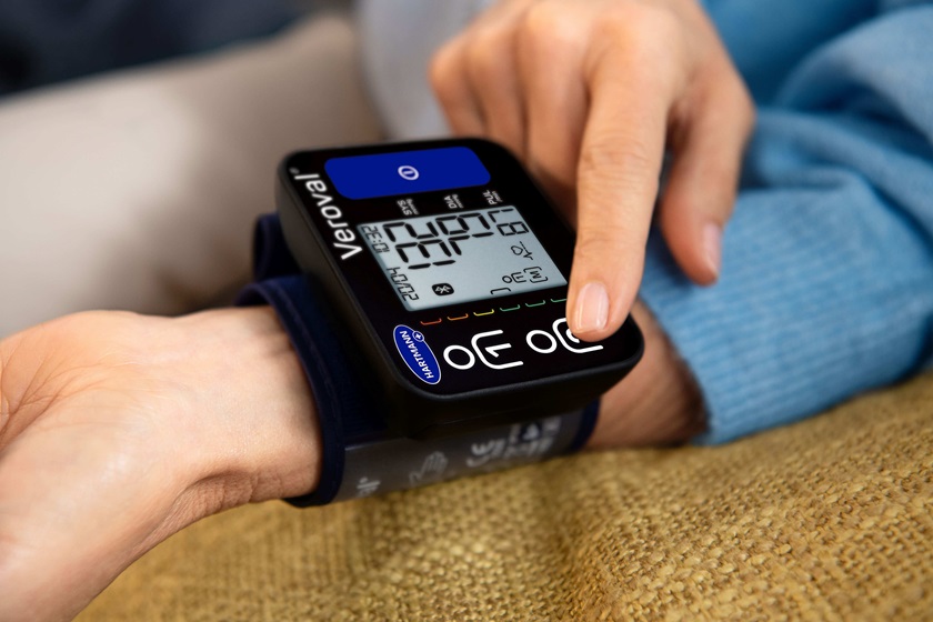 Veroval compact wrist blood pressure monitor inuse closeup