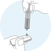 Drawing of two fingers holding a pipette with diluent that is dropped into a test cassette